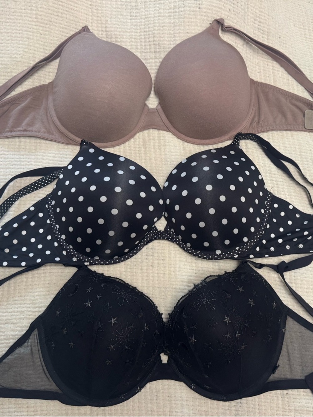 Victoria's Secret Nude, Black Polka Dot & Black Lace Bra Trio